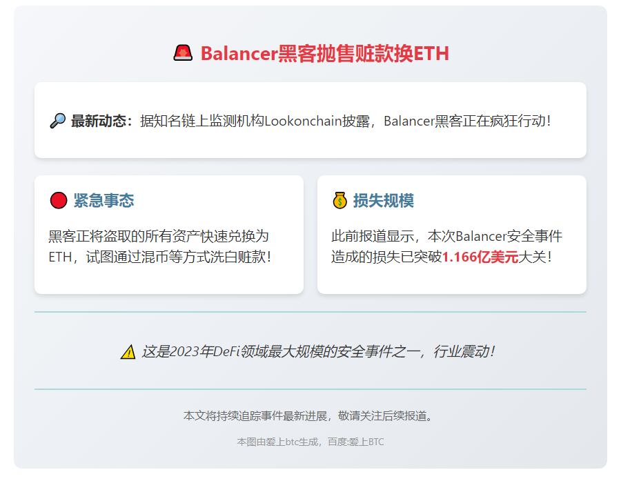 Balancer黑客抛售赃款换ETH