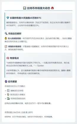 长期持有者30天抛售40万枚BTC
