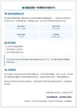 鲸鱼时隔一年再购800枚BTC