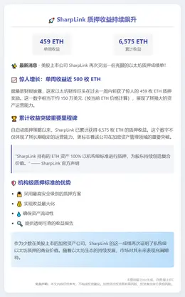 SharpLink 获 459 ETH 质押奖，累积 6,575 ETH