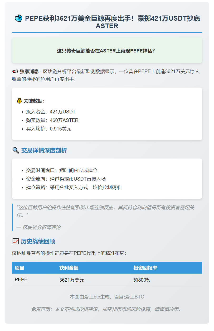 鲸鱼3621万美元PEPE获利后购460万枚ASTER