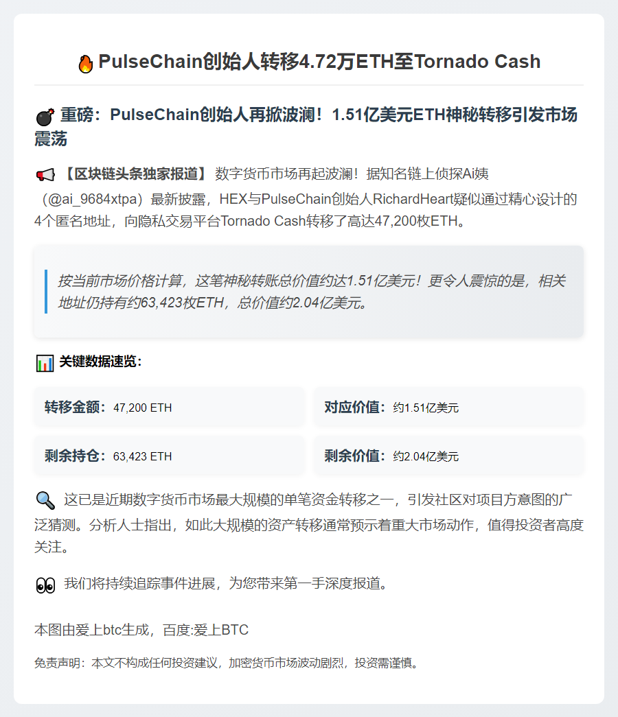PulseChain创始人转移4.72万ETH至Tornado Cash