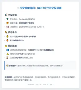 币安：235 Alpha积分可领640 SENTIS空投