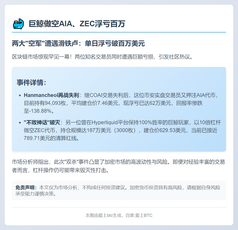巨鲸做空AIA、ZEC浮亏百万