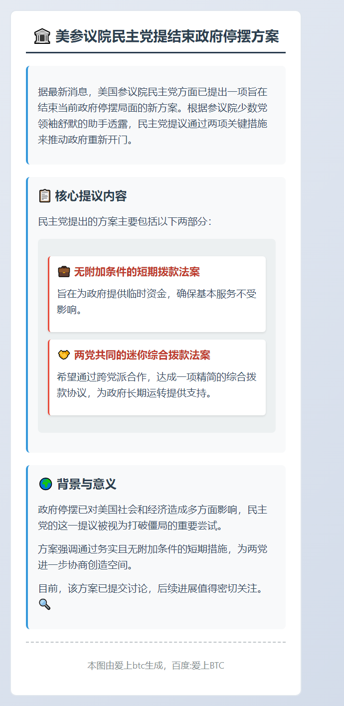 美参议院民主党提结束政府停摆方案