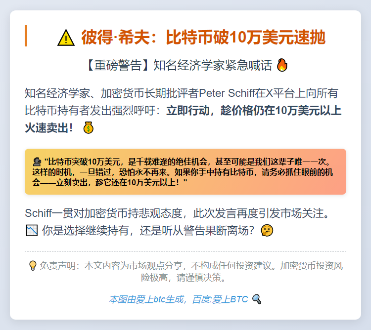 彼得·希夫：比特币破10万美元速抛