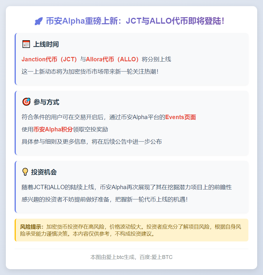 币安Alpha上线JCT、ALLO代币