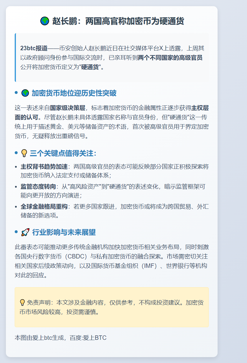 赵长鹏：两国高官称加密币为硬通货