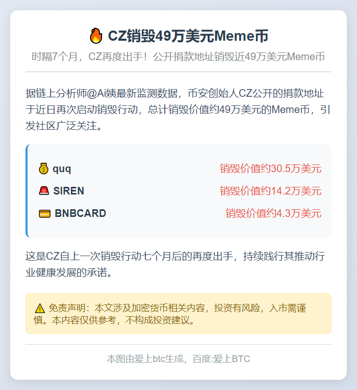 CZ销毁49万美元Meme币