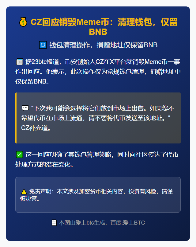 CZ回应销毁Meme币：清理钱包，仅留BNB