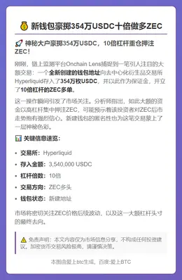 新钱包豪掷354万USDC十倍做多ZEC