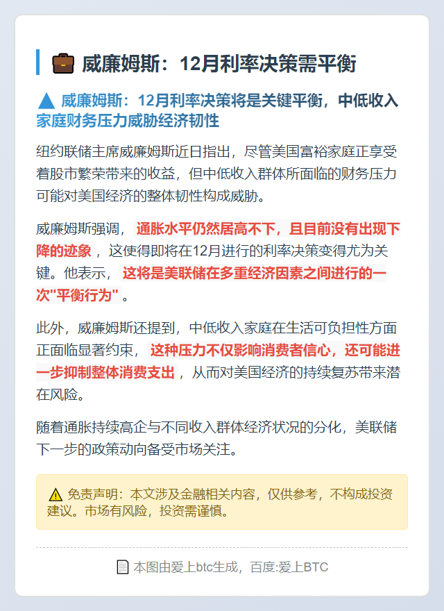 威廉姆斯：12月利率决策需平衡