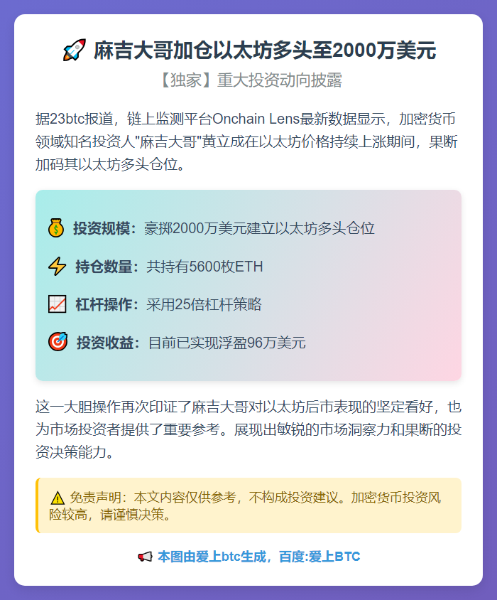 麻吉大哥加仓以太坊多头至2000万美元