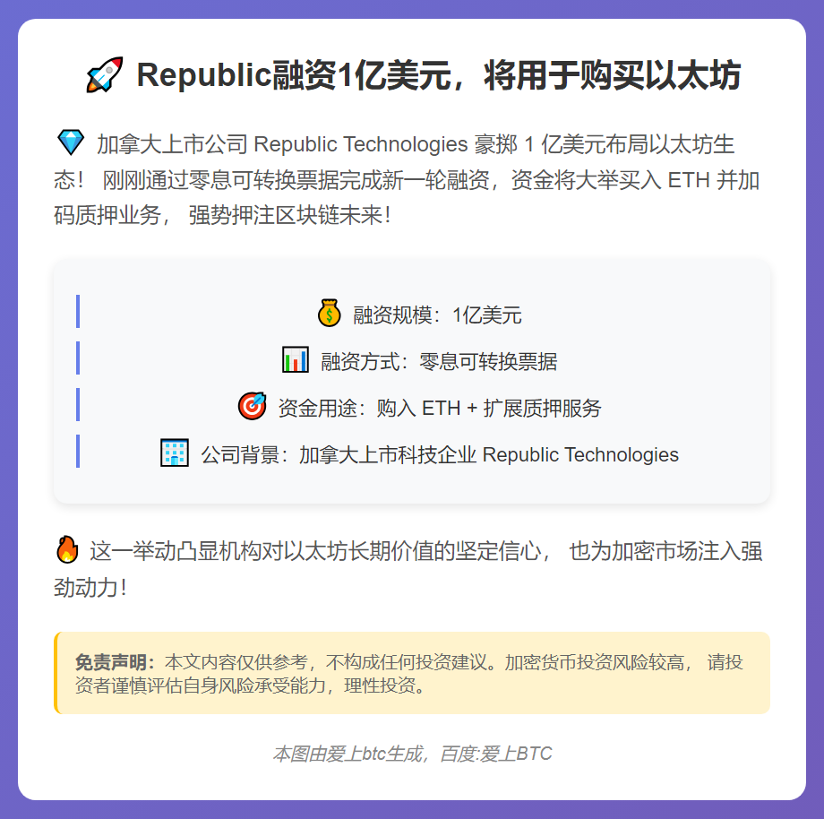 Republic融资1亿美元，将用于购买以太坊
