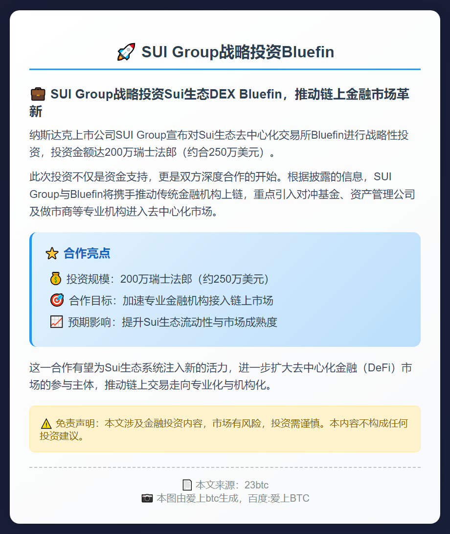 SUI Group向Bluefin投资200万瑞士法郎