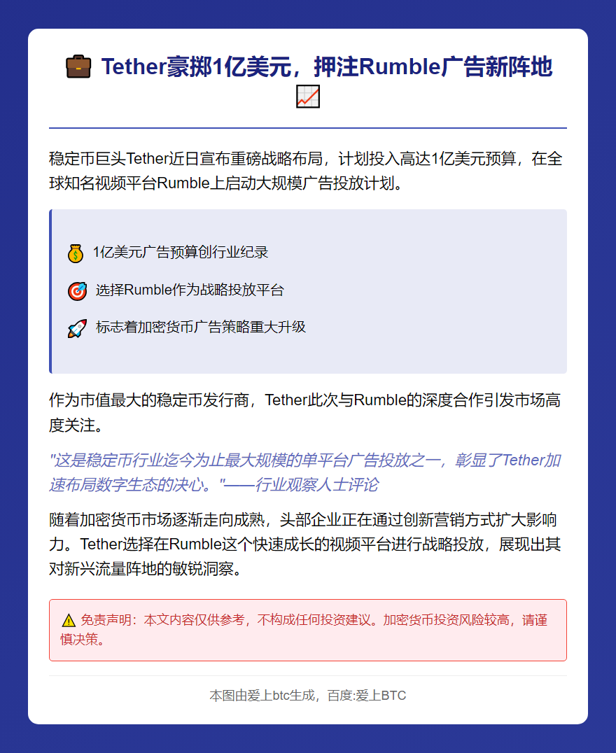拟投入1亿美元广告费，Tether携手Rumble