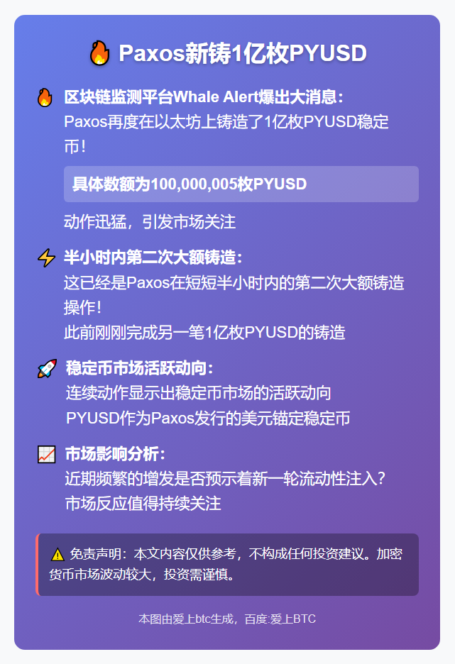 Paxos新铸1亿枚PYUSD
