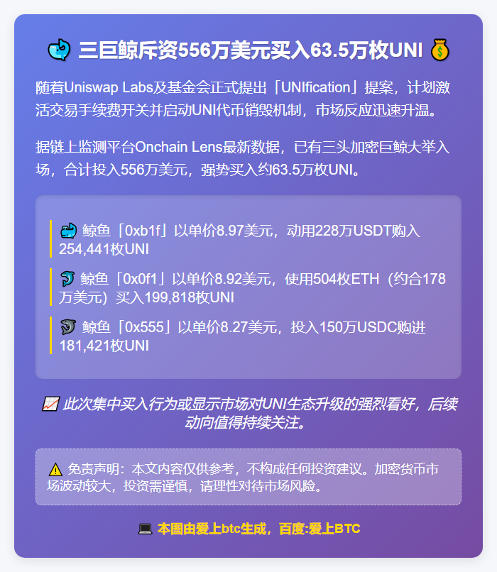 三巨鲸斥资556万美元买入63.5万枚UNI