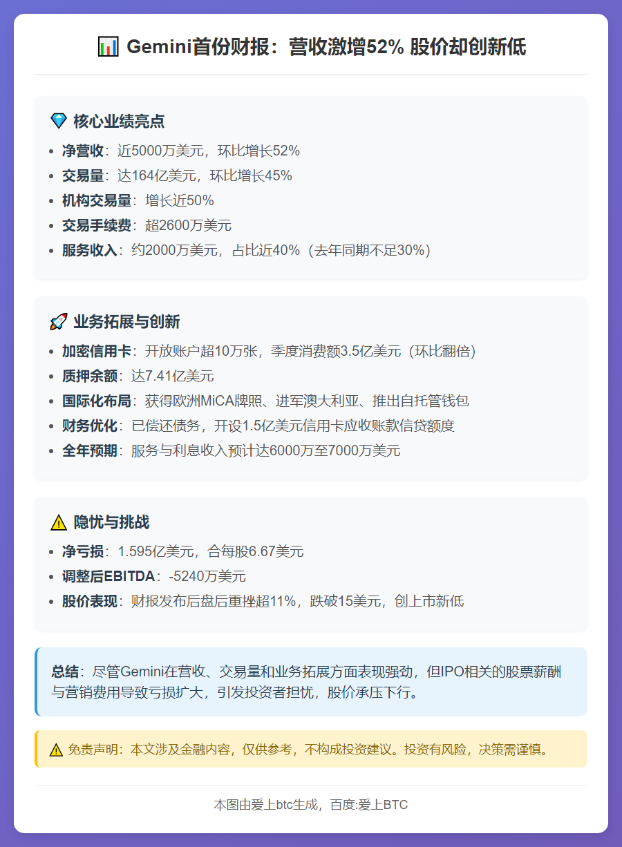 Gemini首份财报：营收激增52% 股价却创新低