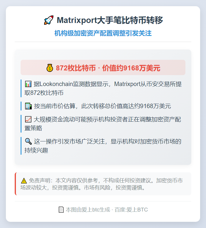 Matrixport从币安转出872枚比特币