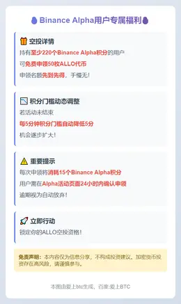 Binance：220分以上用户可领50枚ALLO