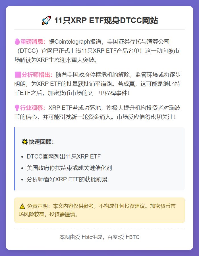 11只XRP ETF现身DTCC网站