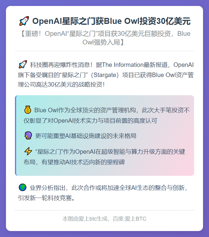 OpenAI星际之门获Blue Owl投资30亿美元