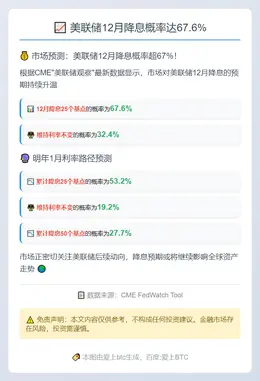 美联储12月降息概率达67.6%