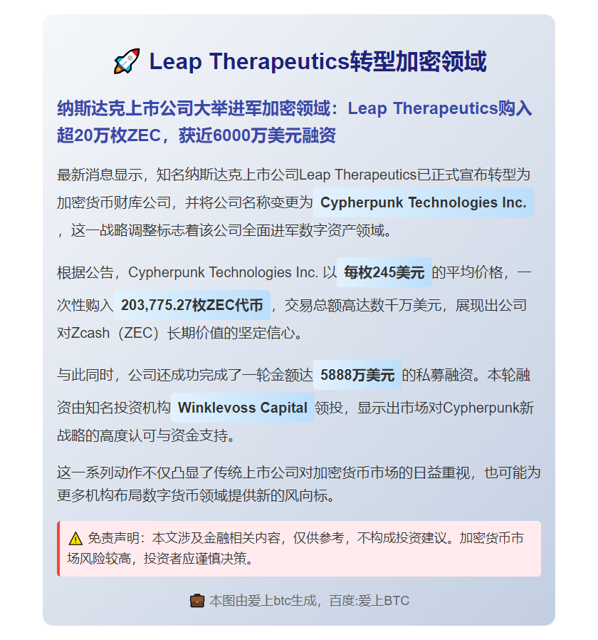 Leap Therapeutics购20万ZEC获投$588