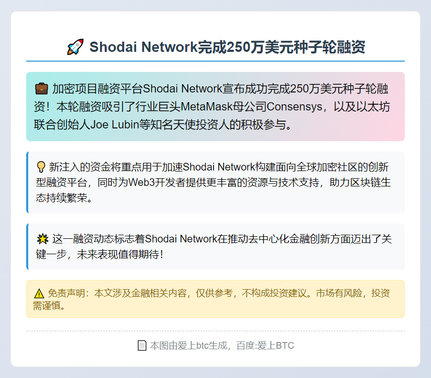 Shodai Network完成250万美元种子轮融资，Co