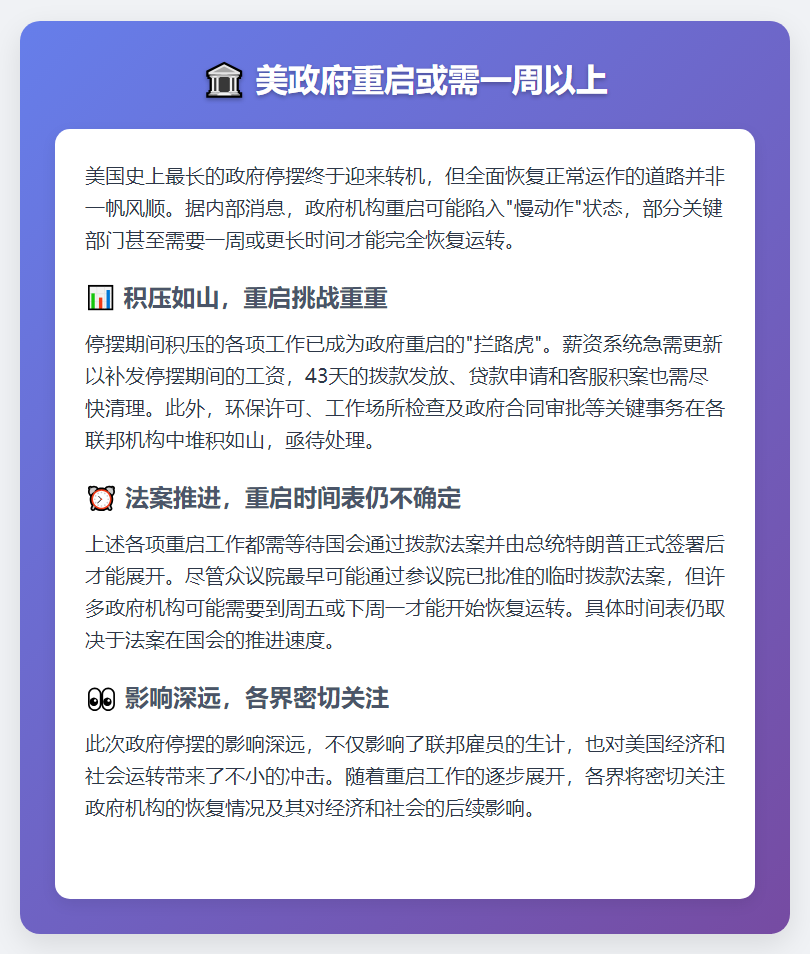 美政府重启或需一周以上