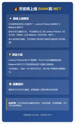 币安将上线BANK和MET