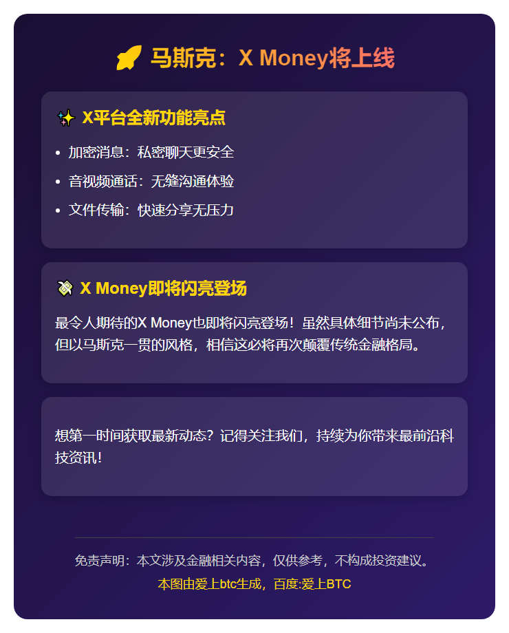 马斯克：X Money将上线