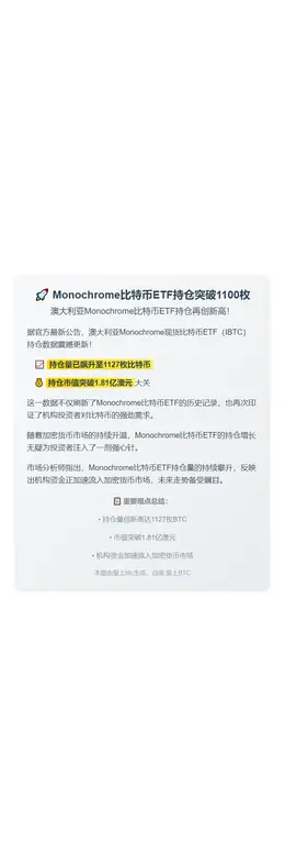 Monochrome比特币ETF持仓突破1100枚