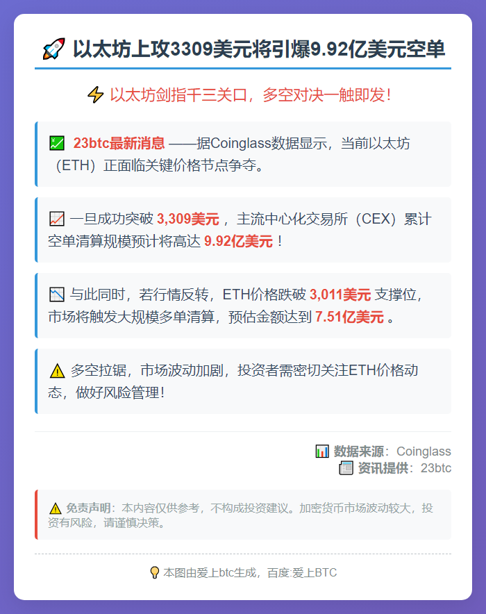 以太坊上攻3309美元将引爆9.92亿美元空单
