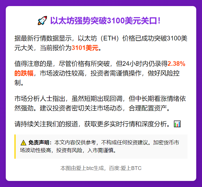 ETH突破3100美元