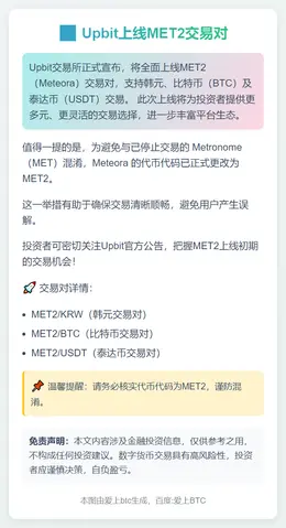 Upbit将上线MET2韩元、BTC及USDT交易对