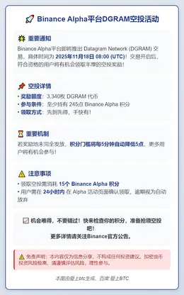 币安：245分用户可领3340枚DGRAM空投