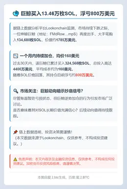 巨鲸买入13.46万枚SOL，浮亏800万美元
