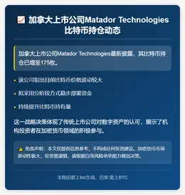 加拿大上市公司Matador Technologies披露比特币持仓增至175枚