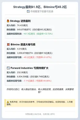 Strategy盈利61.5亿，Bitmine亏45.2亿