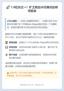 1.8亿分之一！矿工挖出26万美元比特币区块