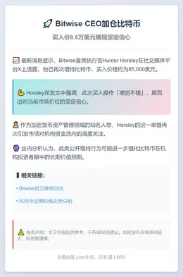 Bitwise CEO加仓比特币 买入价8.5万美元