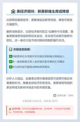 美经济顾问：新美联储主席或降息