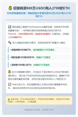 巨鲸耗资800万USDC购入2700枚ETH