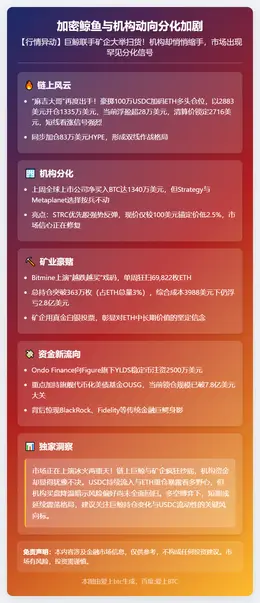 加密鲸鱼与机构动向分化加剧
