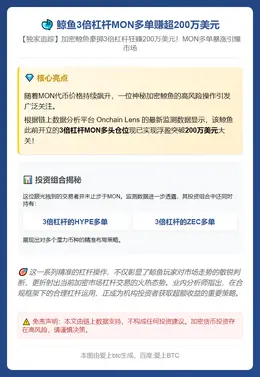 鲸鱼3倍杠杆MON多单赚超200万美元