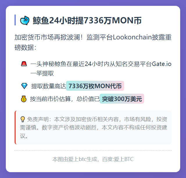 鲸鱼24小时提7336万MON币
