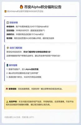 币安：持245Alpha积分可领500SQD
