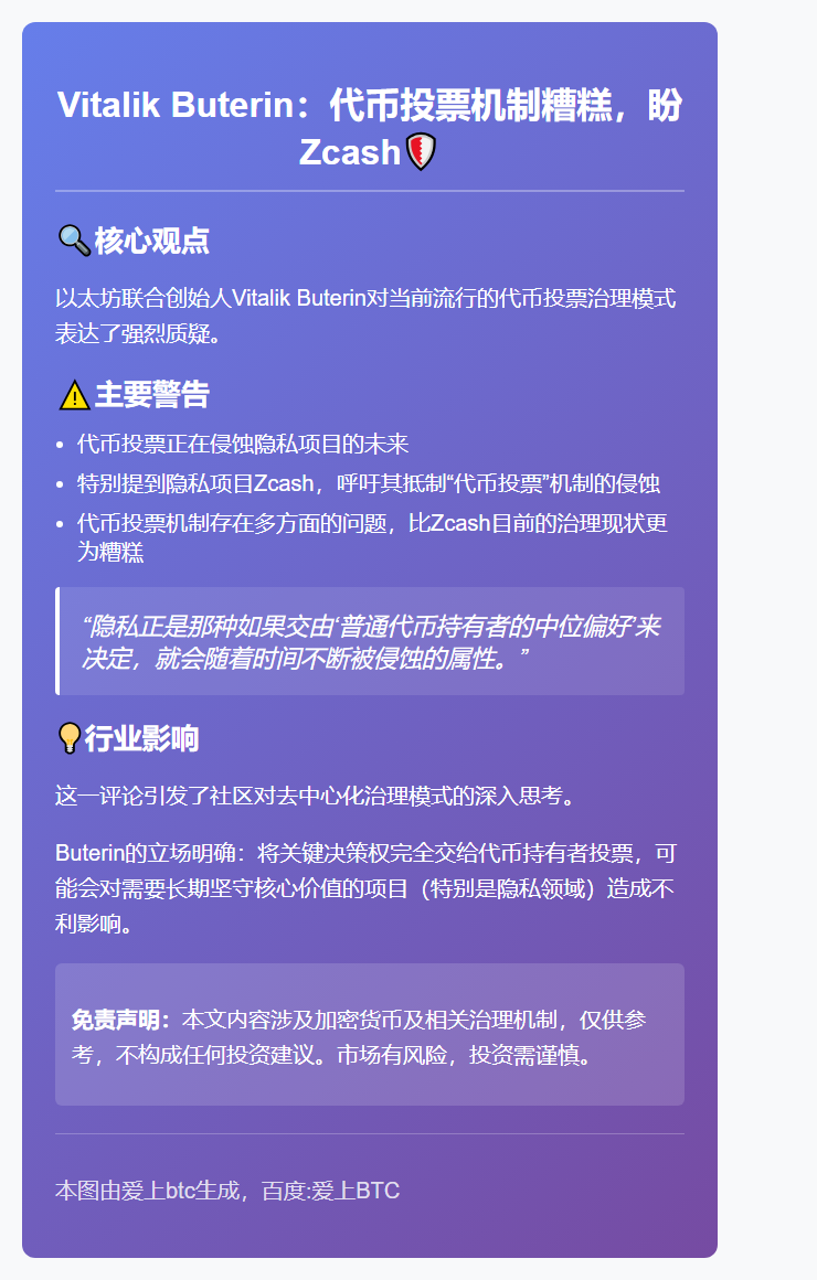 Vitalik Buterin：代币投票机制糟糕，盼Zcas